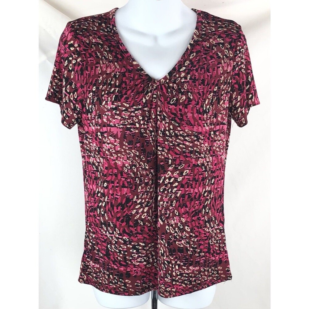 Jaclyn smith stretchy top s dark pink multi geo V neck short sleeve retro 2000s